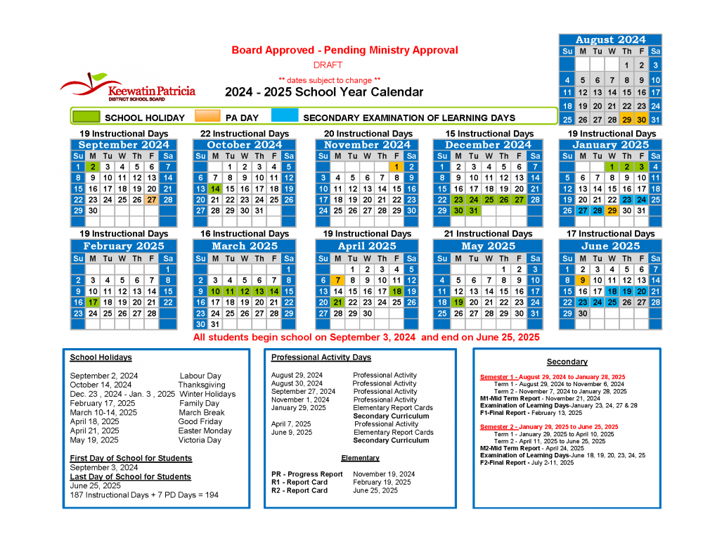 Image of draft 2024-25 school year calendar.  Includes start and end dates, PA days and holidays during the school year.